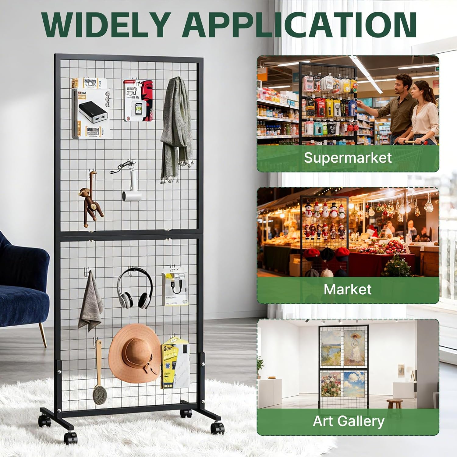 Maeklon 3 Pack Grid Wall Panel Display Stand, Wire Grid Wall Display Rack with 20 Grid Hooks, Floor-standing Art Display Panels with Wheels, for Art Craft Show, Retail Display