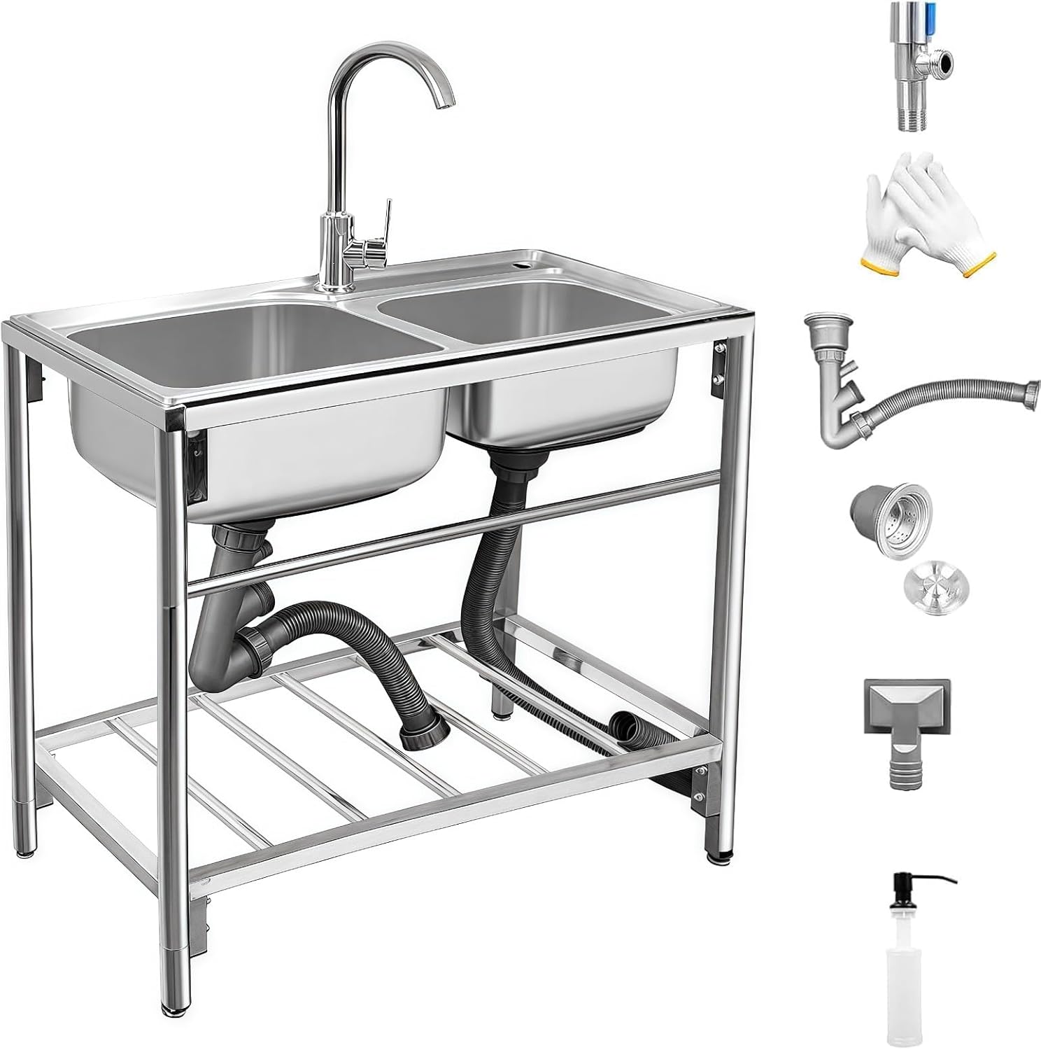 Maeklon Freestanding Double Bowl Sink, 31.5" x 16.9" x 29.5" Stainless Steel Kitchen Sink, Outdoor Utility Sink with Hot Cold Faucet, Ideal for Restaurant, Kitchen, Laundry, Garage