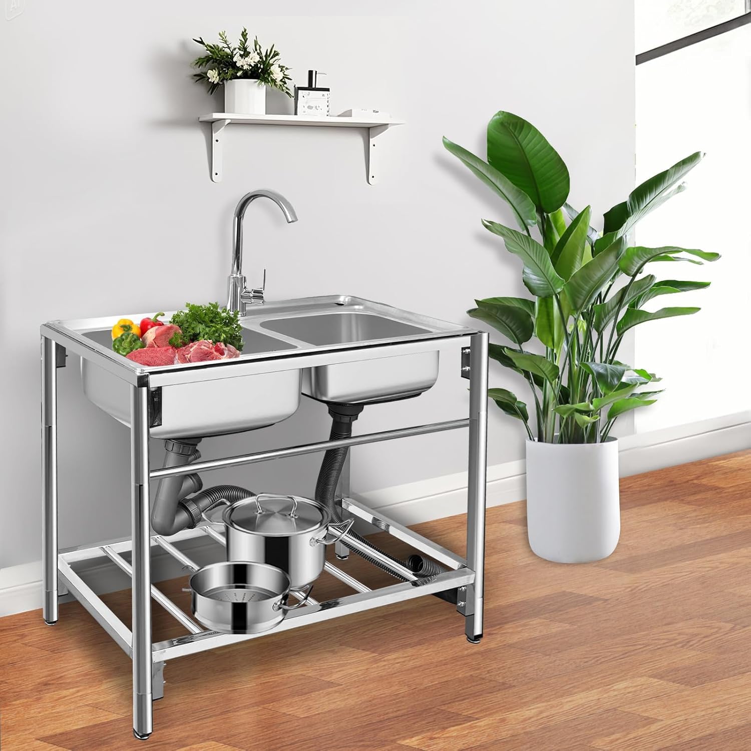 Maeklon Freestanding Double Bowl Sink, 31.5" x 16.9" x 29.5" Stainless Steel Kitchen Sink, Outdoor Utility Sink with Hot Cold Faucet, Ideal for Restaurant, Kitchen, Laundry, Garage