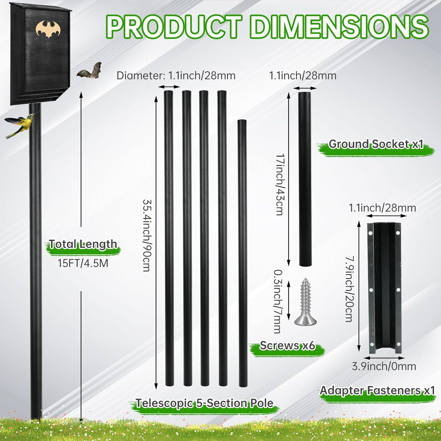 Maeklon 15 FT Telescoping Bird House Pole, Durable Bat House Pole with Ground Socket, Heavy Duty Outdoor Telescoping Bird Pole for Bat Houses, Purple Martin Houses and Wildlife Nesting