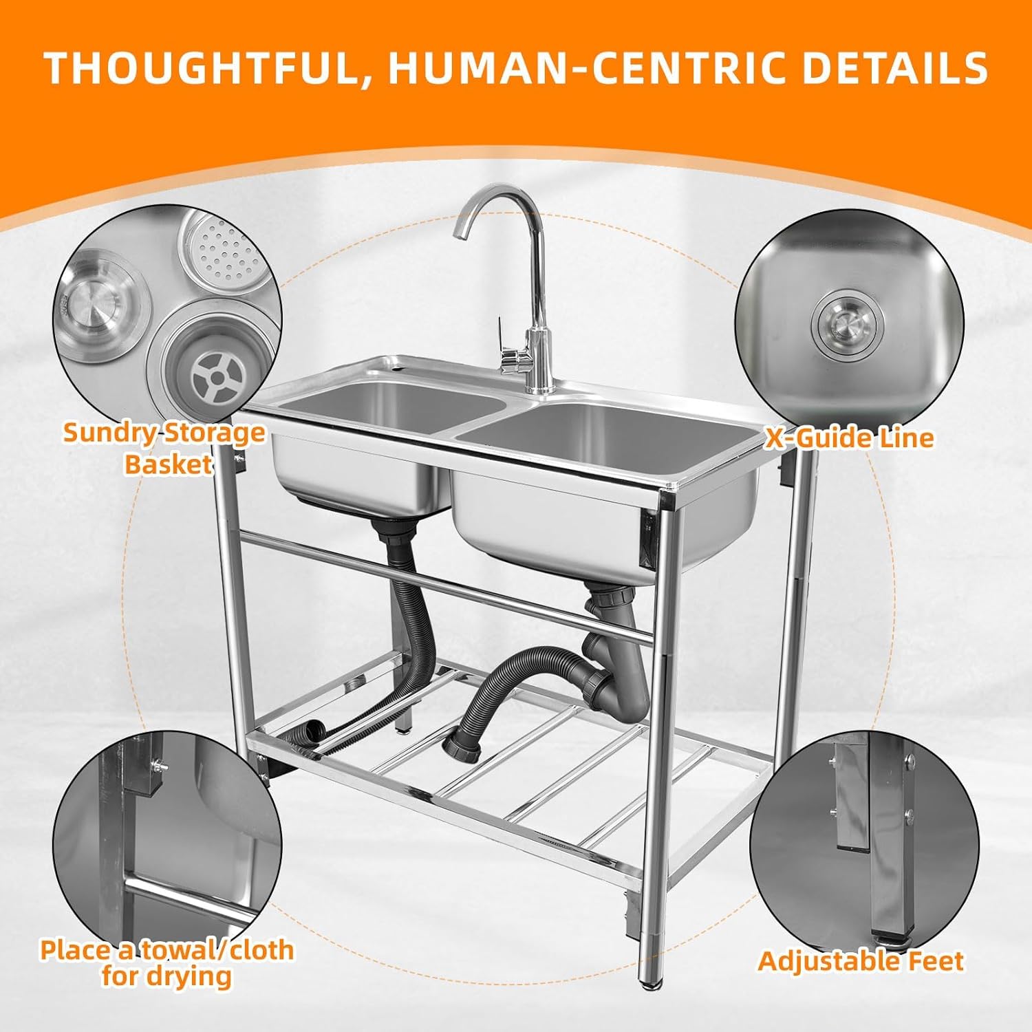 Maeklon Freestanding Double Bowl Sink, 31.5" x 16.9" x 29.5" Stainless Steel Kitchen Sink, Outdoor Utility Sink with Hot Cold Faucet, Ideal for Restaurant, Kitchen, Laundry, Garage