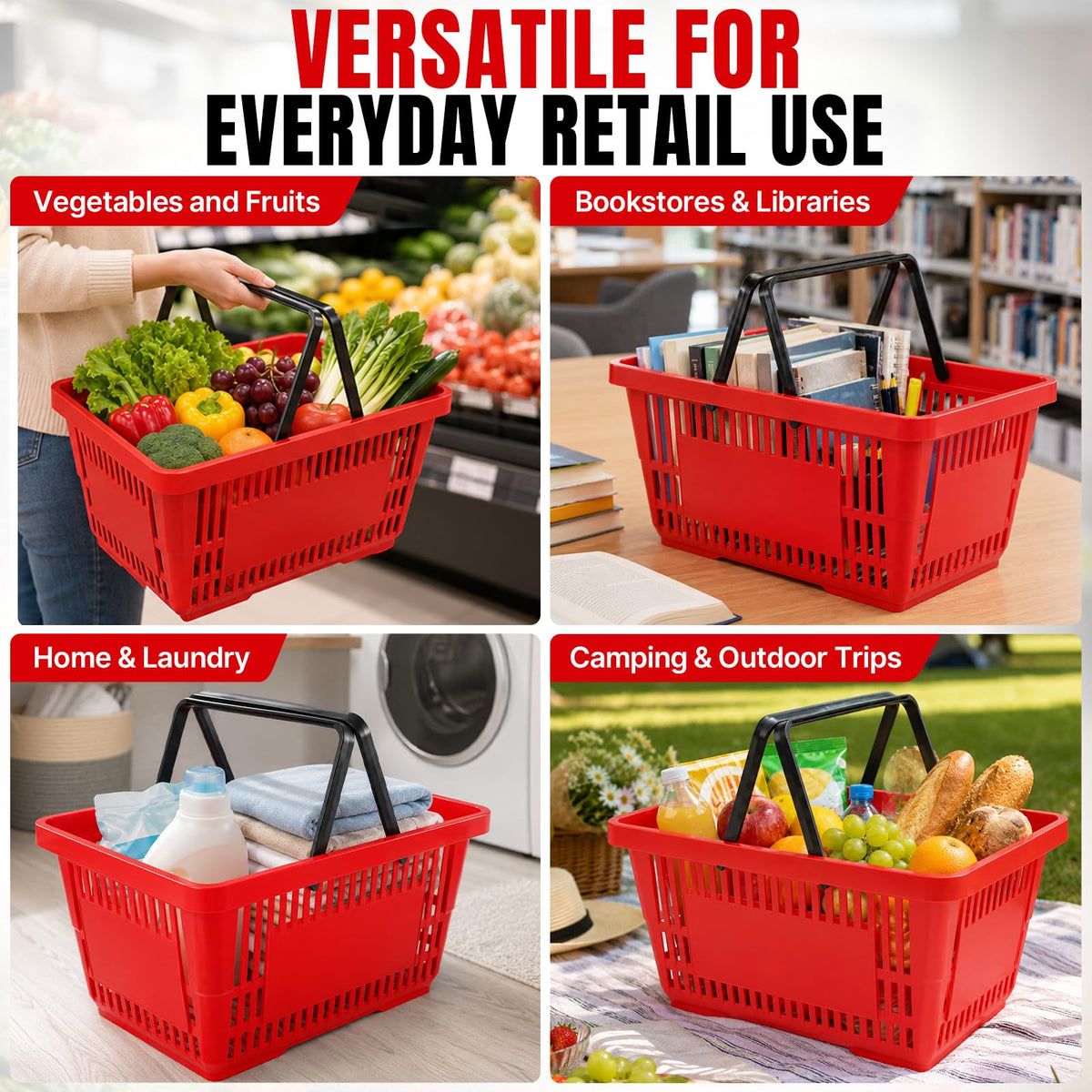 Maeklon 20 Pack Shopping Baskets with Handles, 20L Red Plastic Retail Baskets 16.7''x11.4''x8.7'',Stackable Hand Baskets for Supermarkets, Grocery Stores, Convenience Stores and Retail Shopping