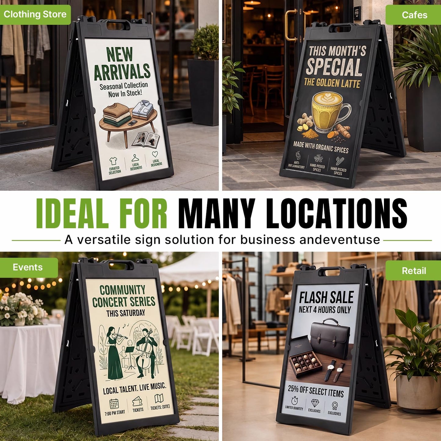 Maeklon 2 Pack 24” x 36” A Frame Sign Board, Portable Folding Sidewalk Sign Stand | Double Sided Sandwich Sign Board with Portable A Frame Design, Ideal for Business, Events, Menus and Outdoor Displays