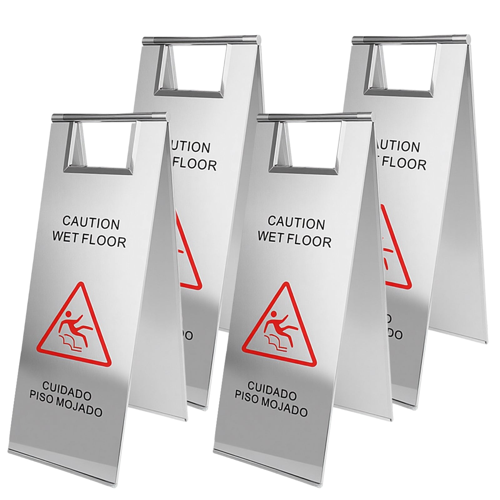 Maeklon 4 PCS Stainless Steel Wet Floor Caution Sign, 24in Caution Wet Floor Signs, Portable Foldable Bilingual Safety Sign, for Kitchen, Restaurant, Shop, Restroom, Silver