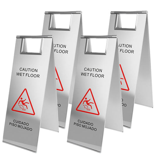 Maeklon 4 PCS Stainless Steel Wet Floor Caution Sign, 24in Caution Wet Floor Signs, Portable Foldable Bilingual Safety Sign, for Kitchen, Restaurant, Shop, Restroom, Silver