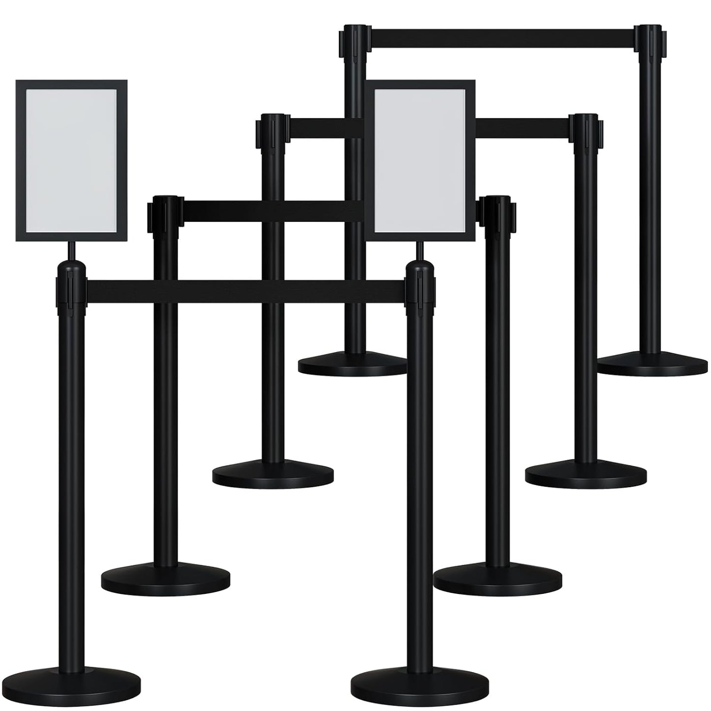 Maeklon 8 Pack Crowd Control Stanchion Set, Stainless Steel with Fillable Base, Stanchion Post Sign Holders with 8.2 ft/2.5m Black Retractable Belt and 2 Sign Holder, Easy Connect Assembly, for Theater, Party