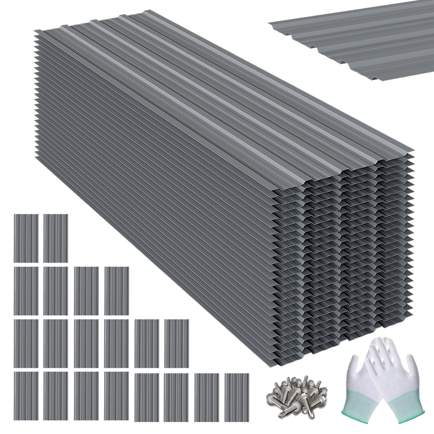 Maeklon 20 PCS Metal Roof Panels, 17.7"×73.2" 180 ft² Corrugated Roofing Panels, 6.1Ft Galvanized Metal Siding Panels with 200 Screws and Glove, for Garages, Sheds, Stables, Carport, Grey