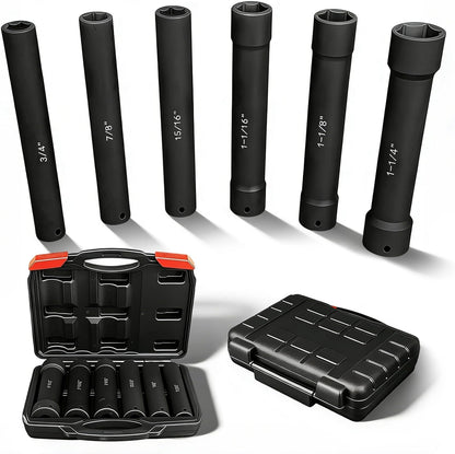 Maeklon 1/2 Inch Drive Extended Length Impact Socket Set, 6 Pcs Extra Deep Impact Socket Set, Hex Size 3/4", 7/8", 15/16", 1-1/16", 1-1/8", 1-1/4", for High Torque Applications with Case