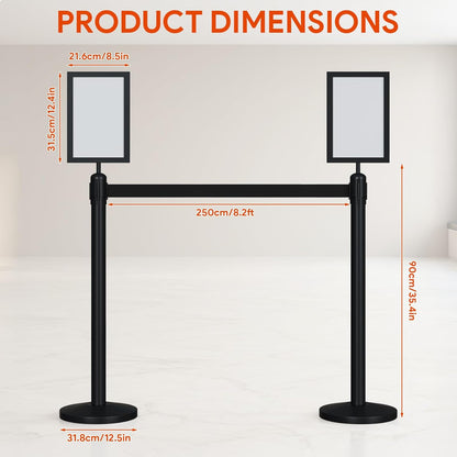 Maeklon 8 Pack Crowd Control Stanchion Set, Stainless Steel with Fillable Base, Stanchion Post Sign Holders with 8.2 ft/2.5m Black Retractable Belt and 2 Sign Holder, Easy Connect Assembly, for Theater, Party