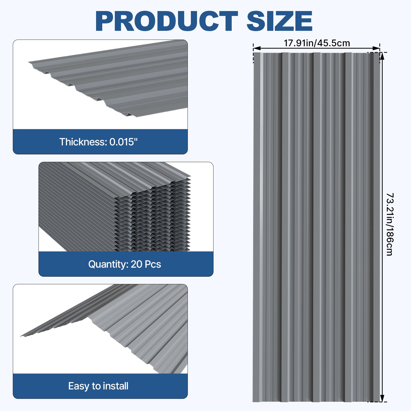 Maeklon 20 PCS Metal Roof Panels, 17.7"×73.2" 180 ft² Corrugated Roofing Panels, 6.1Ft Galvanized Metal Siding Panels with 200 Screws and Glove, for Garages, Sheds, Stables, Carport, Grey