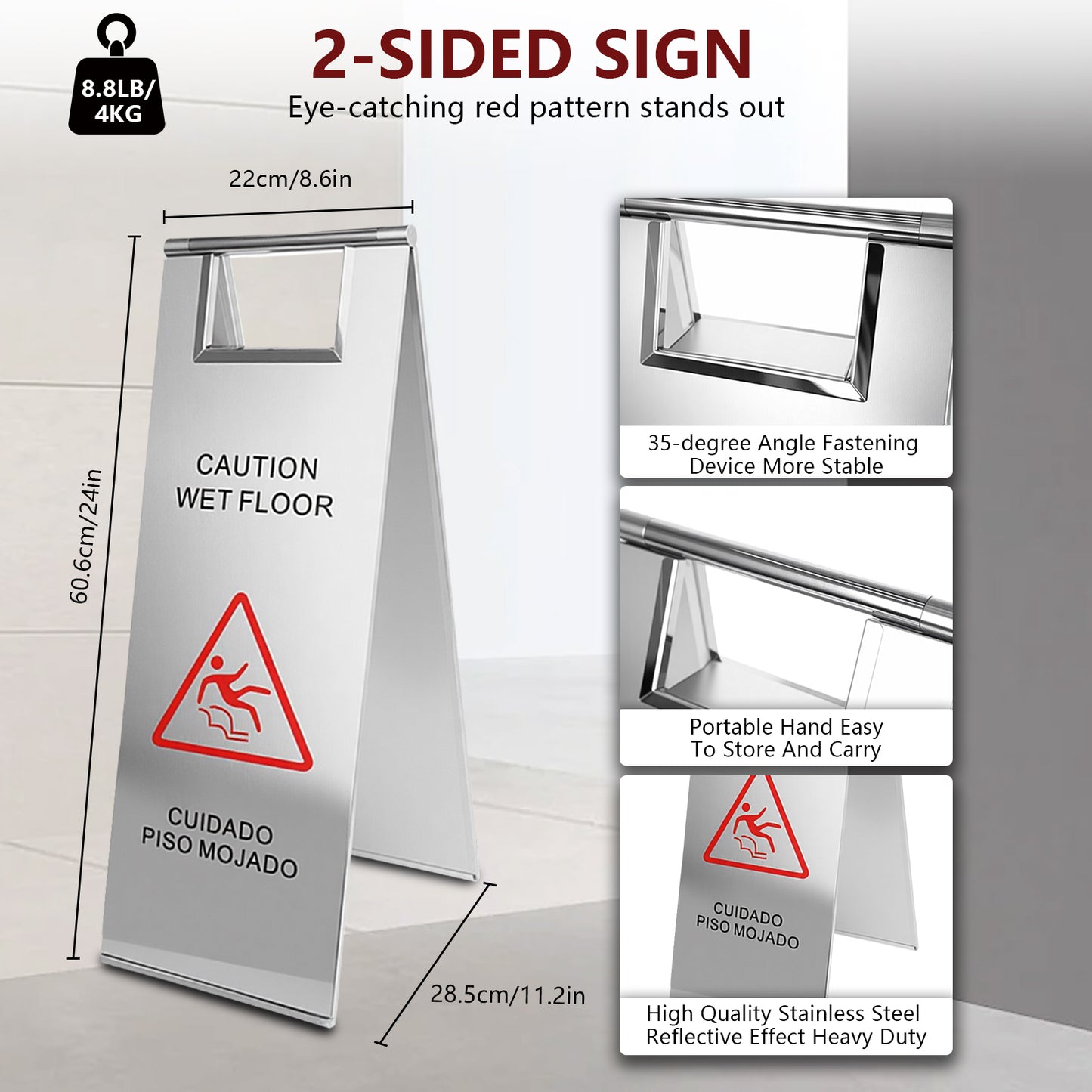 Maeklon 4 PCS Stainless Steel Wet Floor Caution Sign, 24in Caution Wet Floor Signs, Portable Foldable Bilingual Safety Sign, for Kitchen, Restaurant, Shop, Restroom, Silver