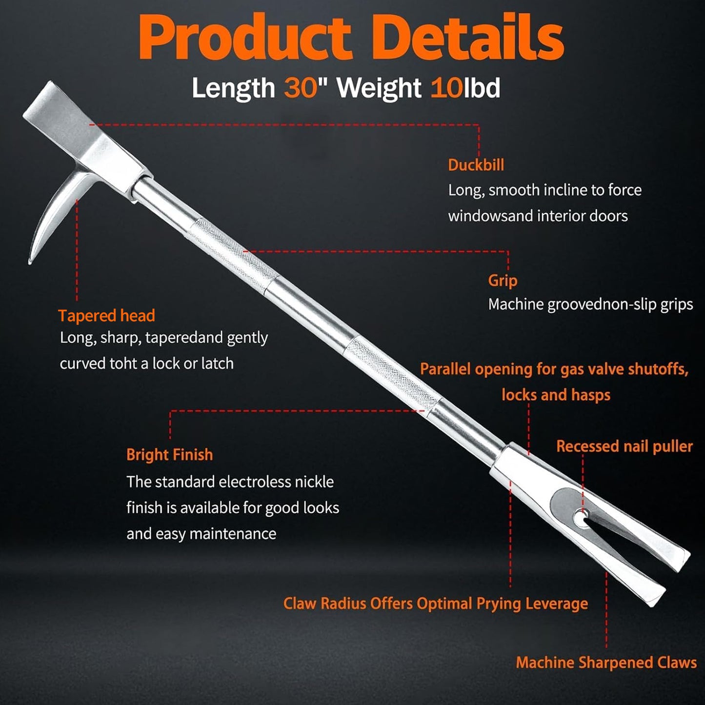 Maeklon 30" Halligan Bar, Steel Construction Breaching Halligan Forced Entry Tools for Emergencies, Firefighter Tool for Fire Rescue and Emergency