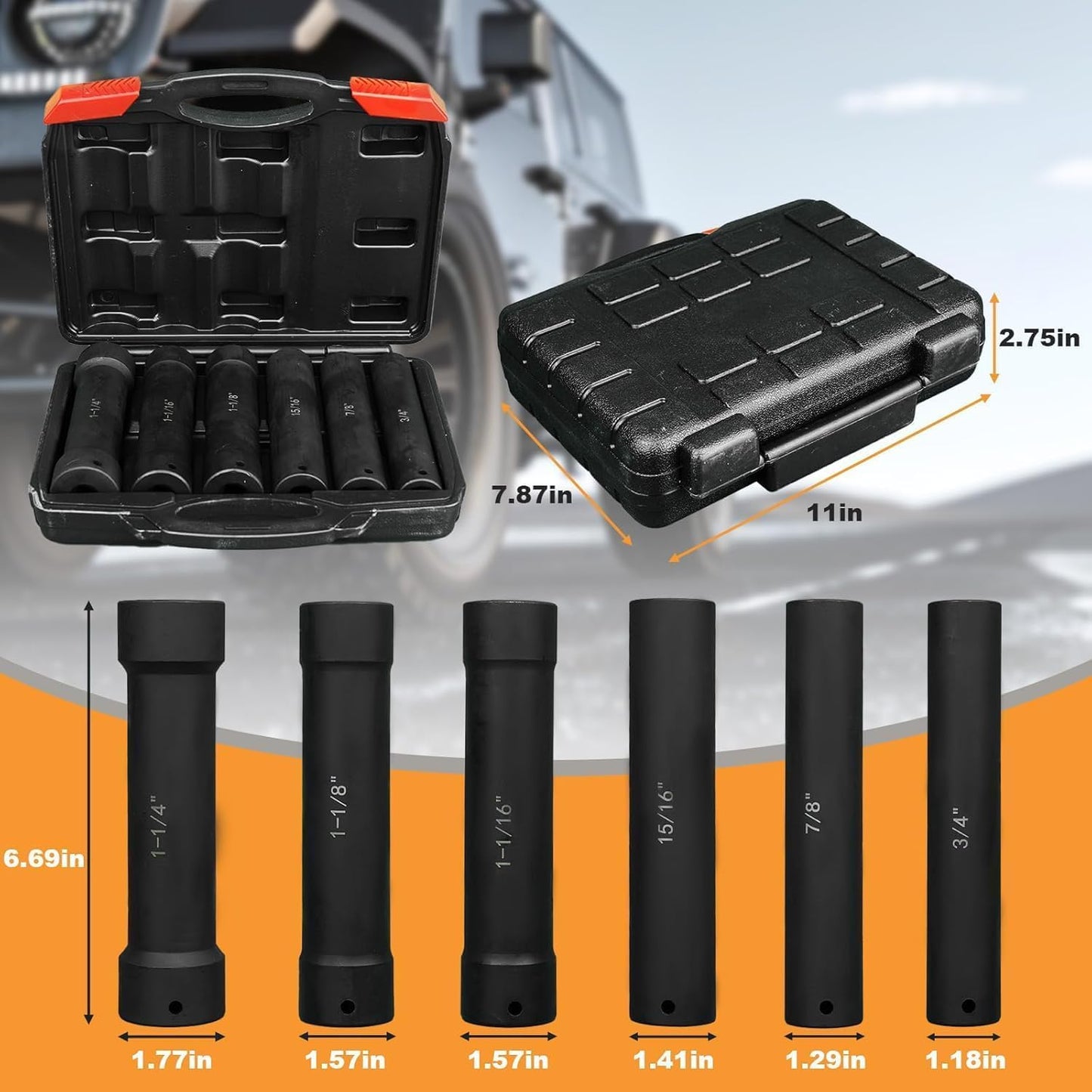 Maeklon 1/2 Inch Drive Extended Length Impact Socket Set, 6 Pcs Extra Deep Impact Socket Set, Hex Size 3/4", 7/8", 15/16", 1-1/16", 1-1/8", 1-1/4", for High Torque Applications with Case