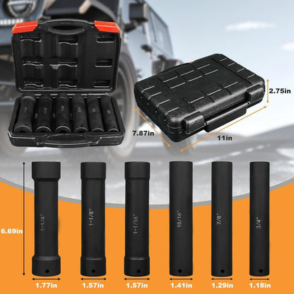 Maeklon 1/2 Inch Drive Extended Length Impact Socket Set, 6 Pcs Extra Deep Impact Socket Set, Hex Size 3/4", 7/8", 15/16", 1-1/16", 1-1/8", 1-1/4", for High Torque Applications with Case