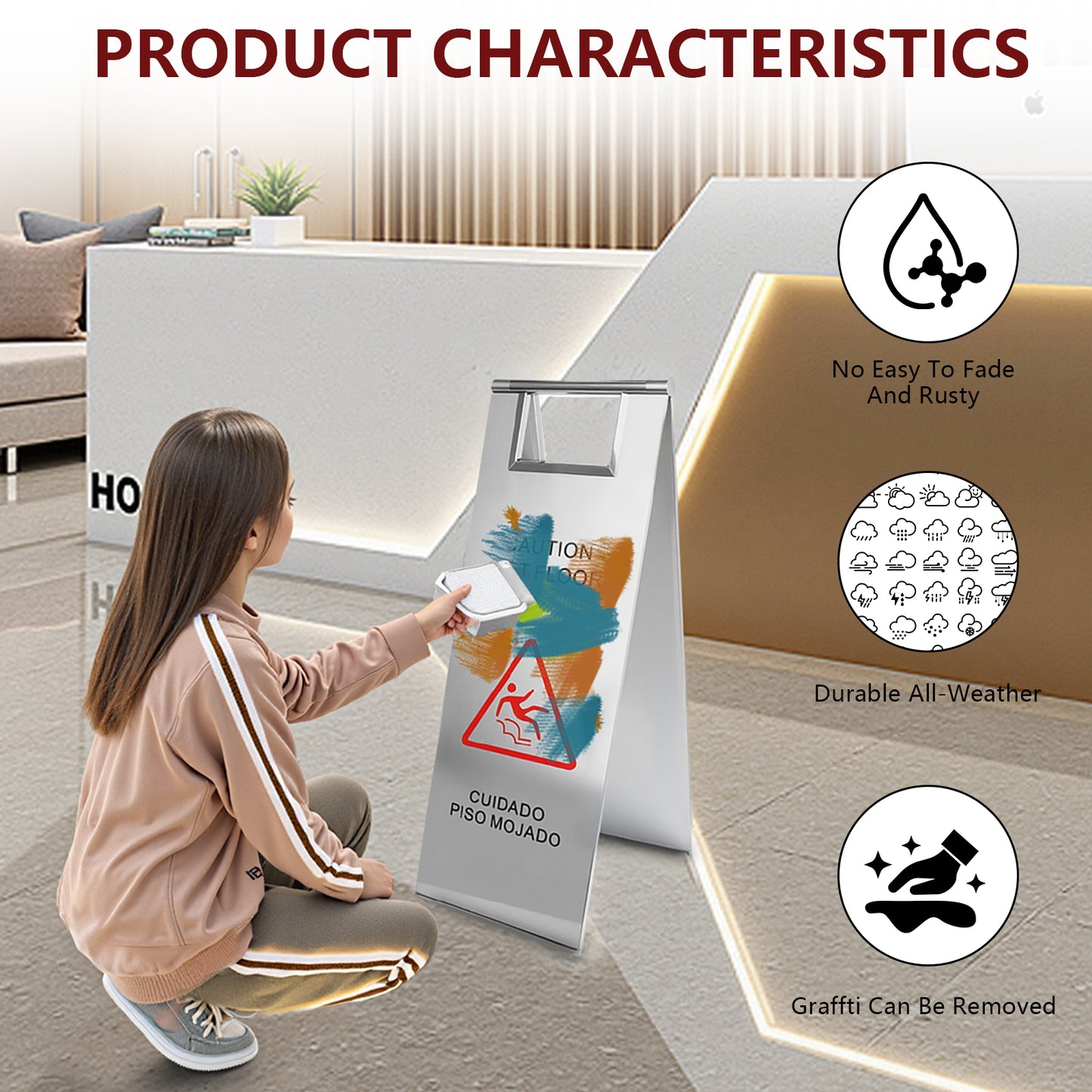 Maeklon 4 PCS Stainless Steel Wet Floor Caution Sign, 24in Caution Wet Floor Signs, Portable Foldable Bilingual Safety Sign, for Kitchen, Restaurant, Shop, Restroom, Silver