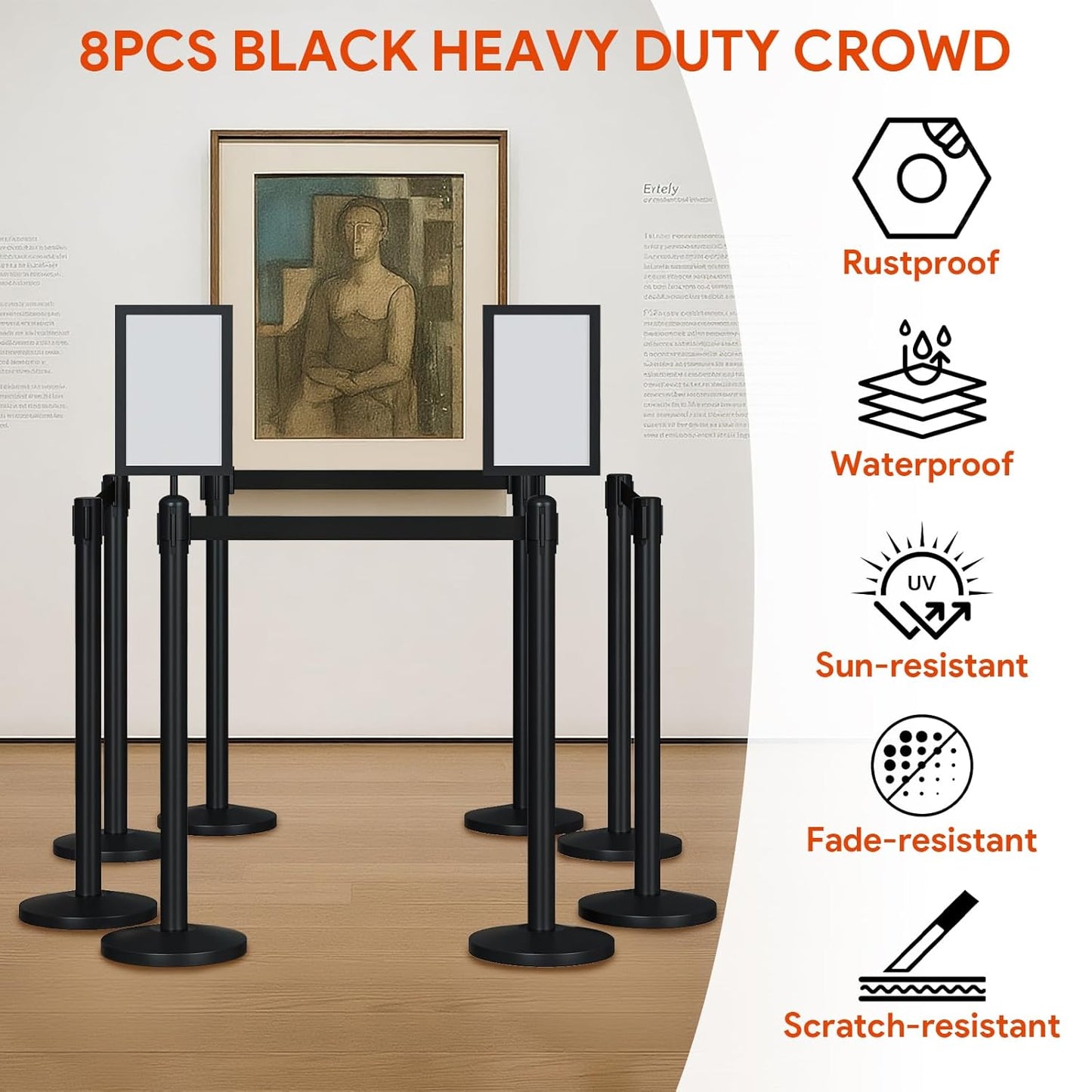 Maeklon 8 Pack Crowd Control Stanchion Set, Stainless Steel with Fillable Base, Stanchion Post Sign Holders with 8.2 ft/2.5m Black Retractable Belt and 2 Sign Holder, Easy Connect Assembly, for Theater, Party