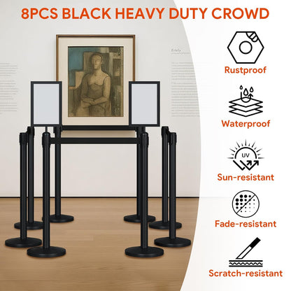 Maeklon 8 Pack Crowd Control Stanchion Set, Stainless Steel with Fillable Base, Stanchion Post Sign Holders with 8.2 ft/2.5m Black Retractable Belt and 2 Sign Holder, Easy Connect Assembly, for Theater, Party