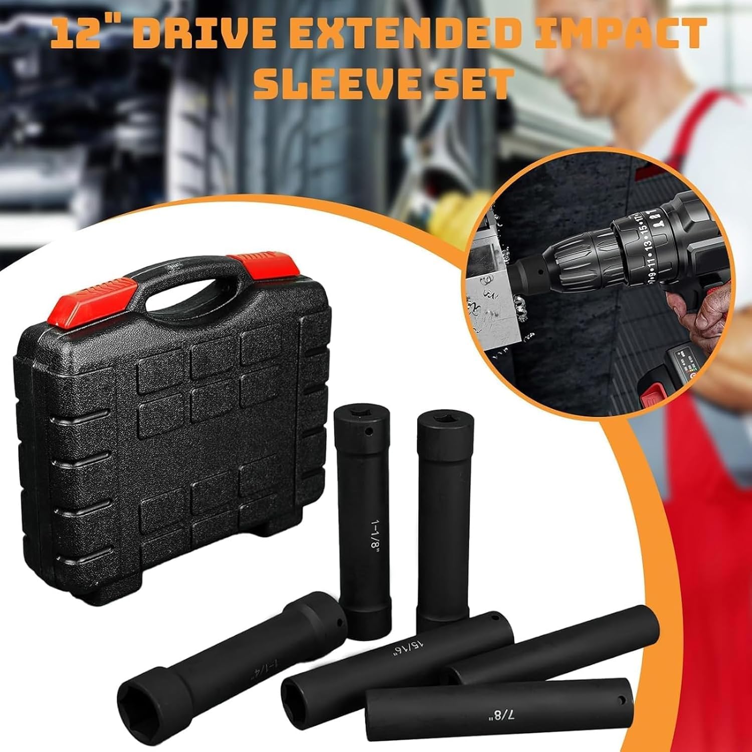 Maeklon 1/2 Inch Drive Extended Length Impact Socket Set, 6 Pcs Extra Deep Impact Socket Set, Hex Size 3/4", 7/8", 15/16", 1-1/16", 1-1/8", 1-1/4", for High Torque Applications with Case