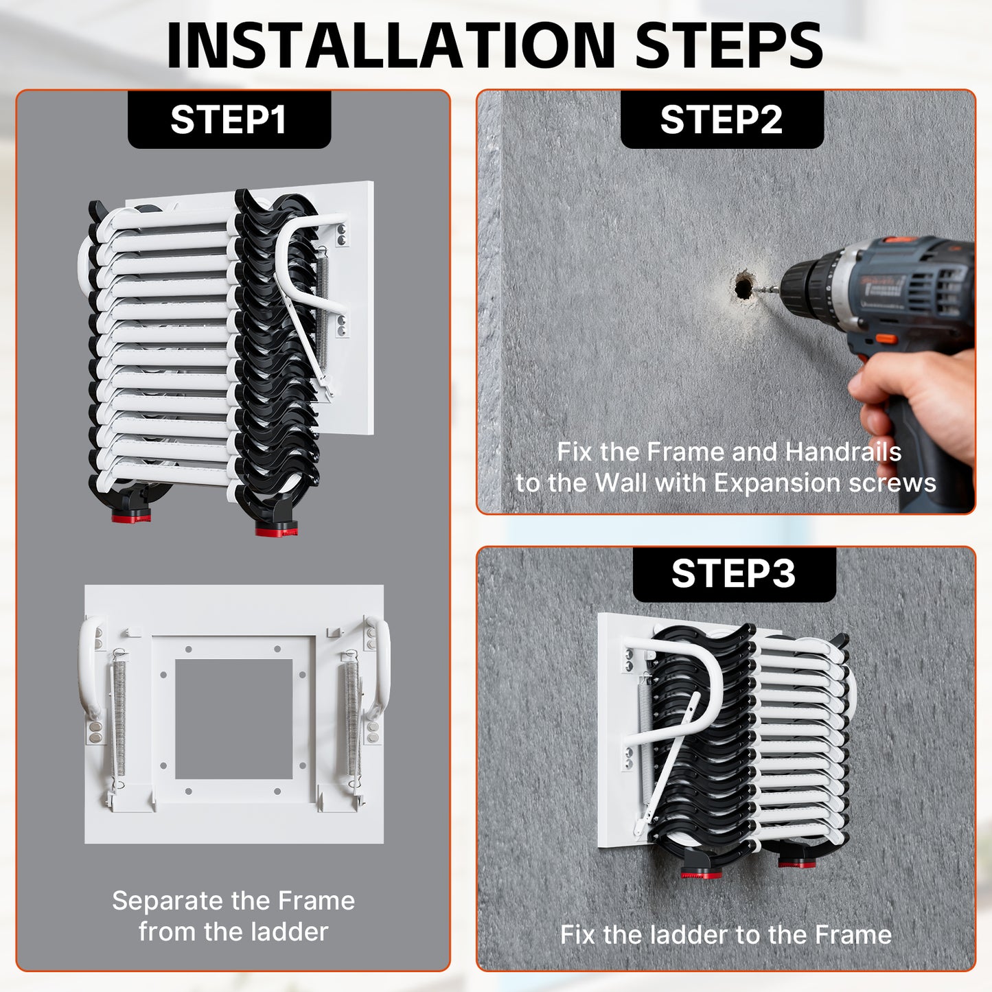 Maeklon 12-Steps Wall-Mounted Attic Ladder kit with Handrails, 3.1m Folding Loft Staircase, Up to 882 lbs Telescopic Fold Ladder for Attics, Garages, Roofs, Basements