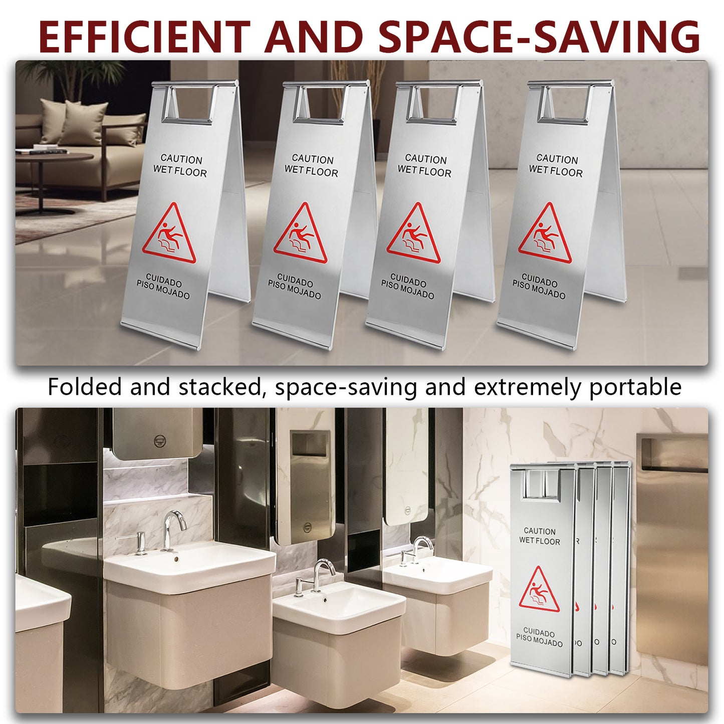 Maeklon 4 PCS Stainless Steel Wet Floor Caution Sign, 24in Caution Wet Floor Signs, Portable Foldable Bilingual Safety Sign, for Kitchen, Restaurant, Shop, Restroom, Silver