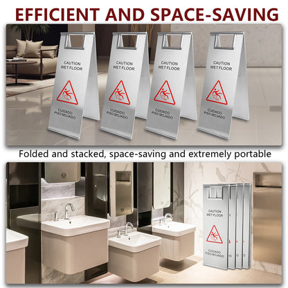 Maeklon 4 PCS Stainless Steel Wet Floor Caution Sign, 24in Caution Wet Floor Signs, Portable Foldable Bilingual Safety Sign, for Kitchen, Restaurant, Shop, Restroom, Silver