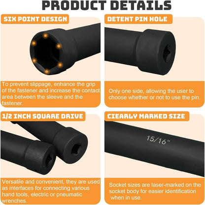 Maeklon 1/2 Inch Drive Extended Length Impact Socket Set, 6 Pcs Extra Deep Impact Socket Set, Hex Size 3/4", 7/8", 15/16", 1-1/16", 1-1/8", 1-1/4", for High Torque Applications with Case