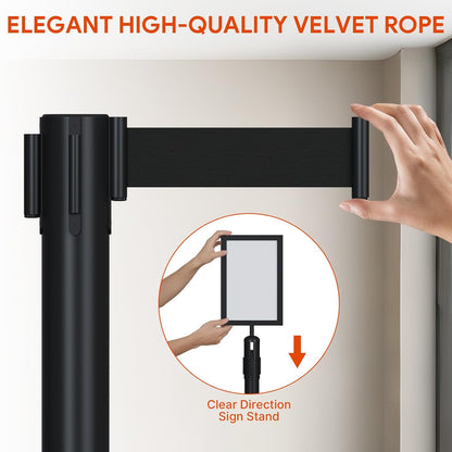 Maeklon 8 Pack Crowd Control Stanchion Set, Stainless Steel with Fillable Base, Stanchion Post Sign Holders with 8.2 ft/2.5m Black Retractable Belt and 2 Sign Holder, Easy Connect Assembly, for Theater, Party