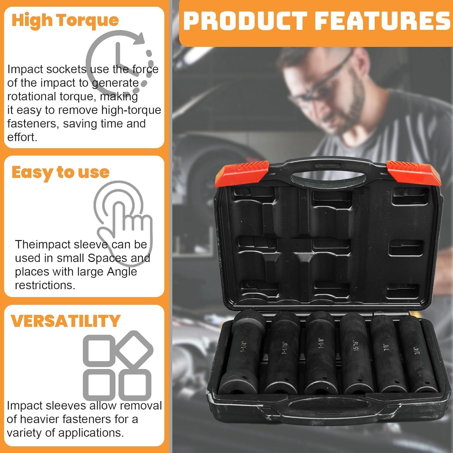 Maeklon 1/2 Inch Drive Extended Length Impact Socket Set, 6 Pcs Extra Deep Impact Socket Set, Hex Size 3/4", 7/8", 15/16", 1-1/16", 1-1/8", 1-1/4", for High Torque Applications with Case