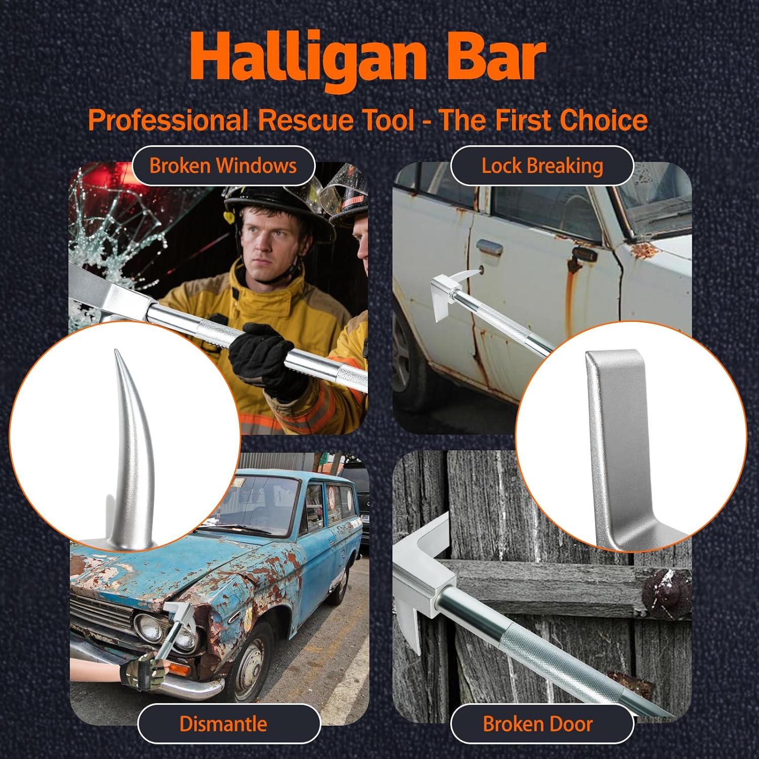 Maeklon 30" Halligan Bar, Steel Construction Breaching Halligan Forced Entry Tools for Emergencies, Firefighter Tool for Fire Rescue and Emergency