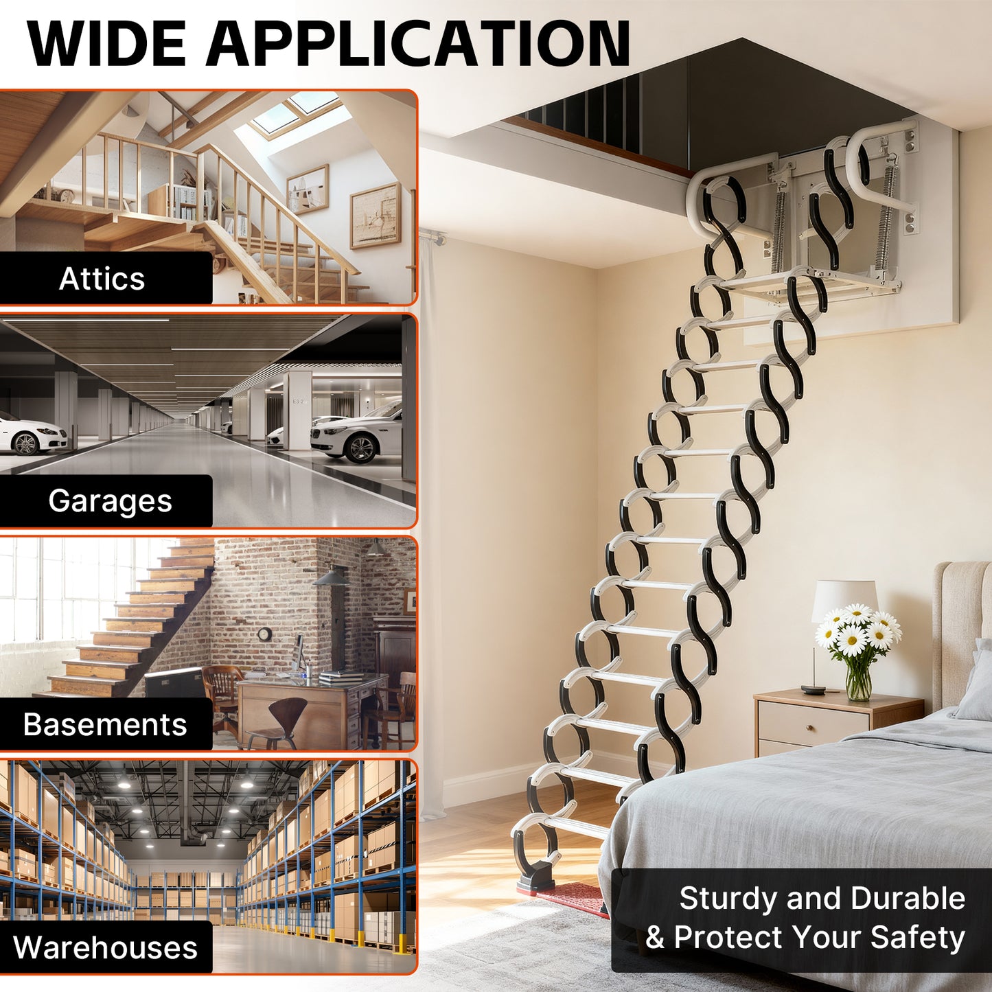 Maeklon 12-Steps Wall-Mounted Attic Ladder kit with Handrails, 3.1m Folding Loft Staircase, Up to 882 lbs Telescopic Fold Ladder for Attics, Garages, Roofs, Basements