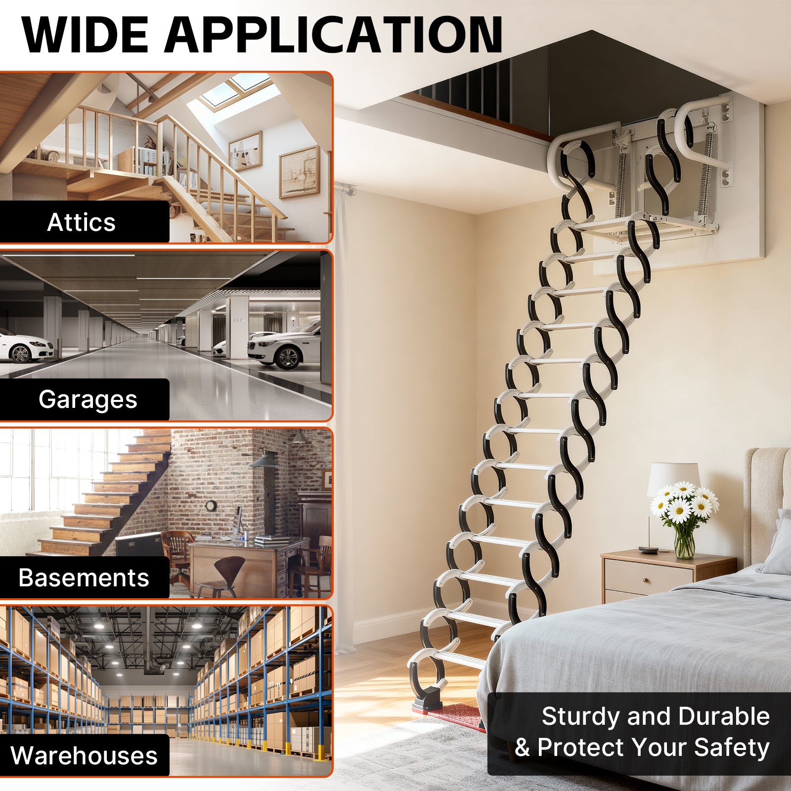 Maeklon 12-Steps Wall-Mounted Attic Ladder kit with Handrails, 3.1m Folding Loft Staircase, Up to 882 lbs Telescopic Fold Ladder for Attics, Garages, Roofs, Basements