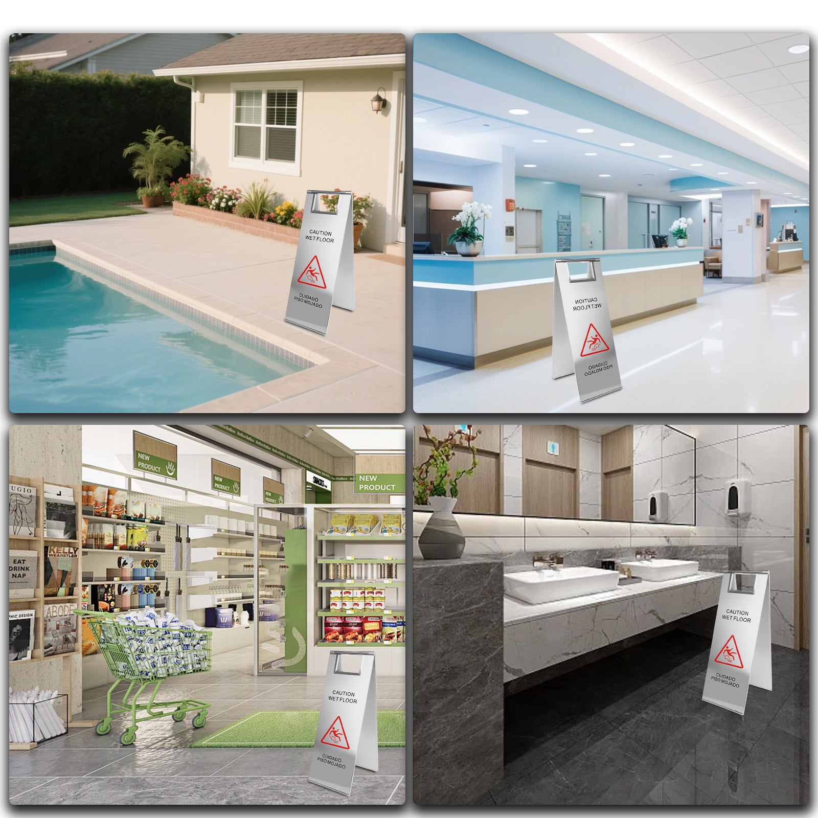 Maeklon 4 PCS Stainless Steel Wet Floor Caution Sign, 24in Caution Wet Floor Signs, Portable Foldable Bilingual Safety Sign, for Kitchen, Restaurant, Shop, Restroom, Silver