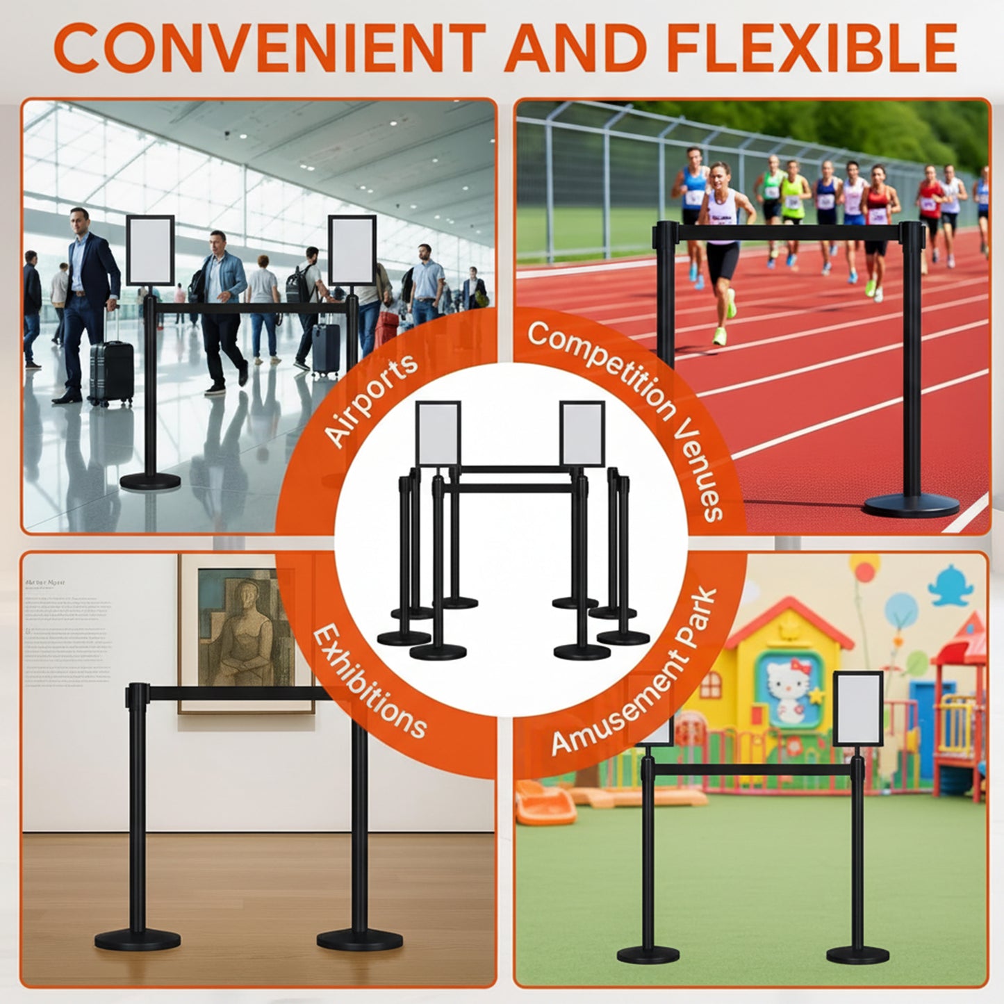 Maeklon 8 Pack Crowd Control Stanchion Set, Stainless Steel with Fillable Base, Stanchion Post Sign Holders with 8.2 ft/2.5m Black Retractable Belt and 2 Sign Holder, Easy Connect Assembly, for Theater, Party