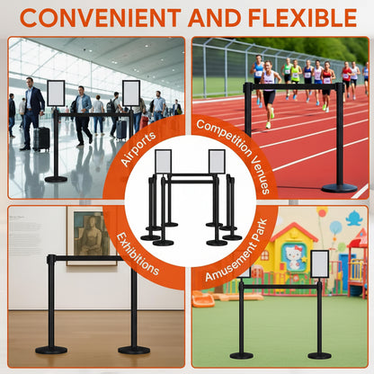 Maeklon 8 Pack Crowd Control Stanchion Set, Stainless Steel with Fillable Base, Stanchion Post Sign Holders with 8.2 ft/2.5m Black Retractable Belt and 2 Sign Holder, Easy Connect Assembly, for Theater, Party