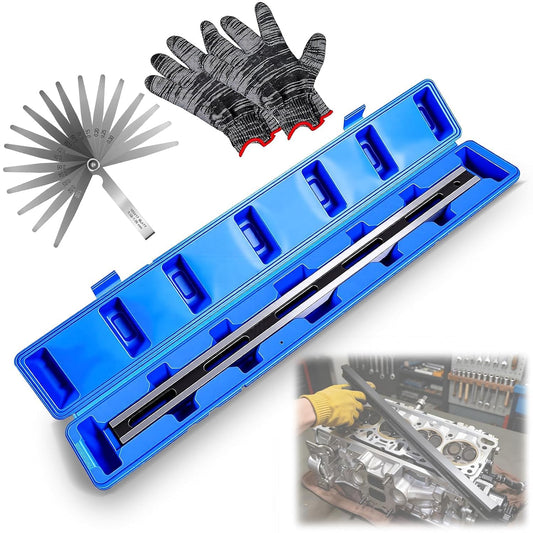 Maeklon 24 Inch Straight Edge Tool kit, Machinist Precision Steel Straight Edge Tool with Complimentary Feeler, Gloves, Plastic Box, Cylinder Head Straight Ruler for Checking Cylinder Heads and Engine Blocks