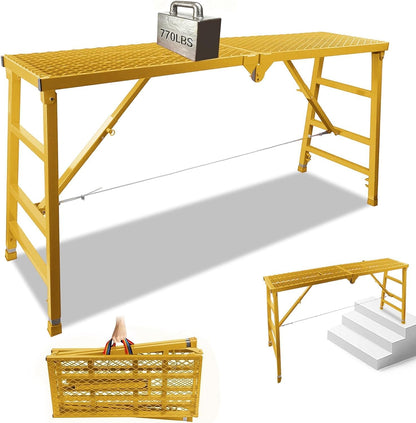 Foldable Scaffolding Platform, 36.2-62 in Adjustable Scaffolding Platform, 70.9 x 15.2 in Portable Work Platform for Painting, Wiring, Window Cleaning, Garage and Construction, Yellow, 770 lb
