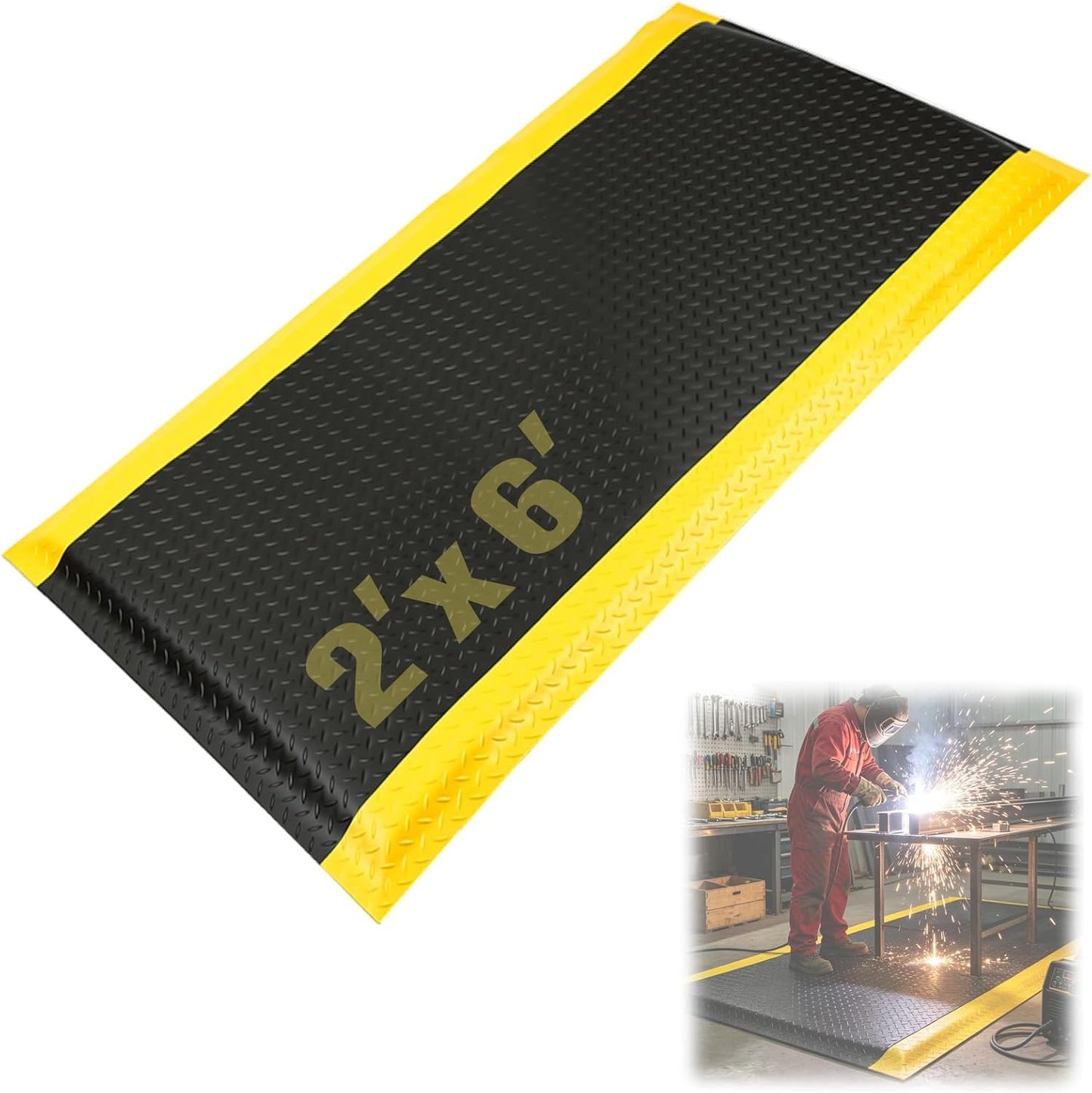 Maeklon Anti Fatigue Mat, 15/16 Inch Thick Soft Sponge Ergonomic Mat, Non-Slip Industrial Grade Floor Mat, Easy to Clean, for Kitchen, Garage, Work, Shop, Black with Yellow Border