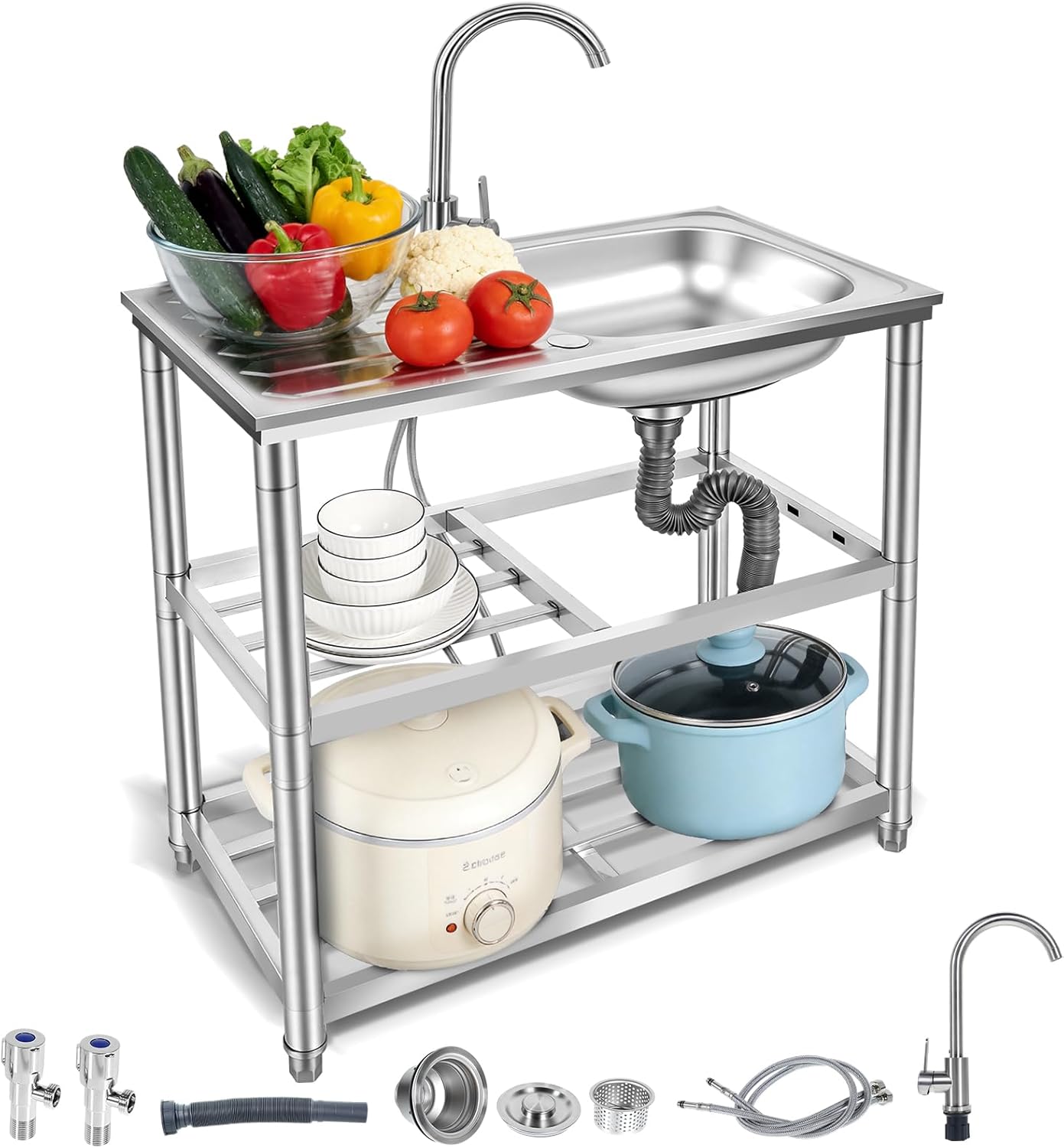 Maeklon Outdoor Utility Sink, Stainless Steel Laundry Tub Sink with Double-Layer Storage Shelves, Single Bowl Portable Washing Hand Basin Station with Double Temperature Faucet, for Garage, Kitchen, Camping