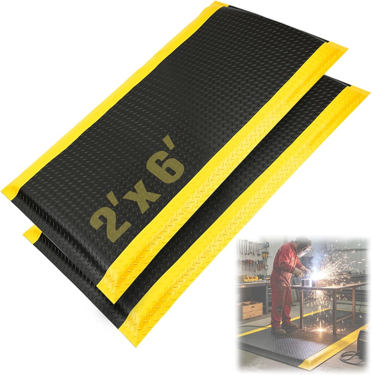 Maeklon Anti Fatigue Mat, 15/16 Inch Thick Soft Sponge Ergonomic Mat, Non-Slip Industrial Grade Floor Mat, Easy to Clean, for Kitchen, Garage, Work, Shop, Black with Yellow Border