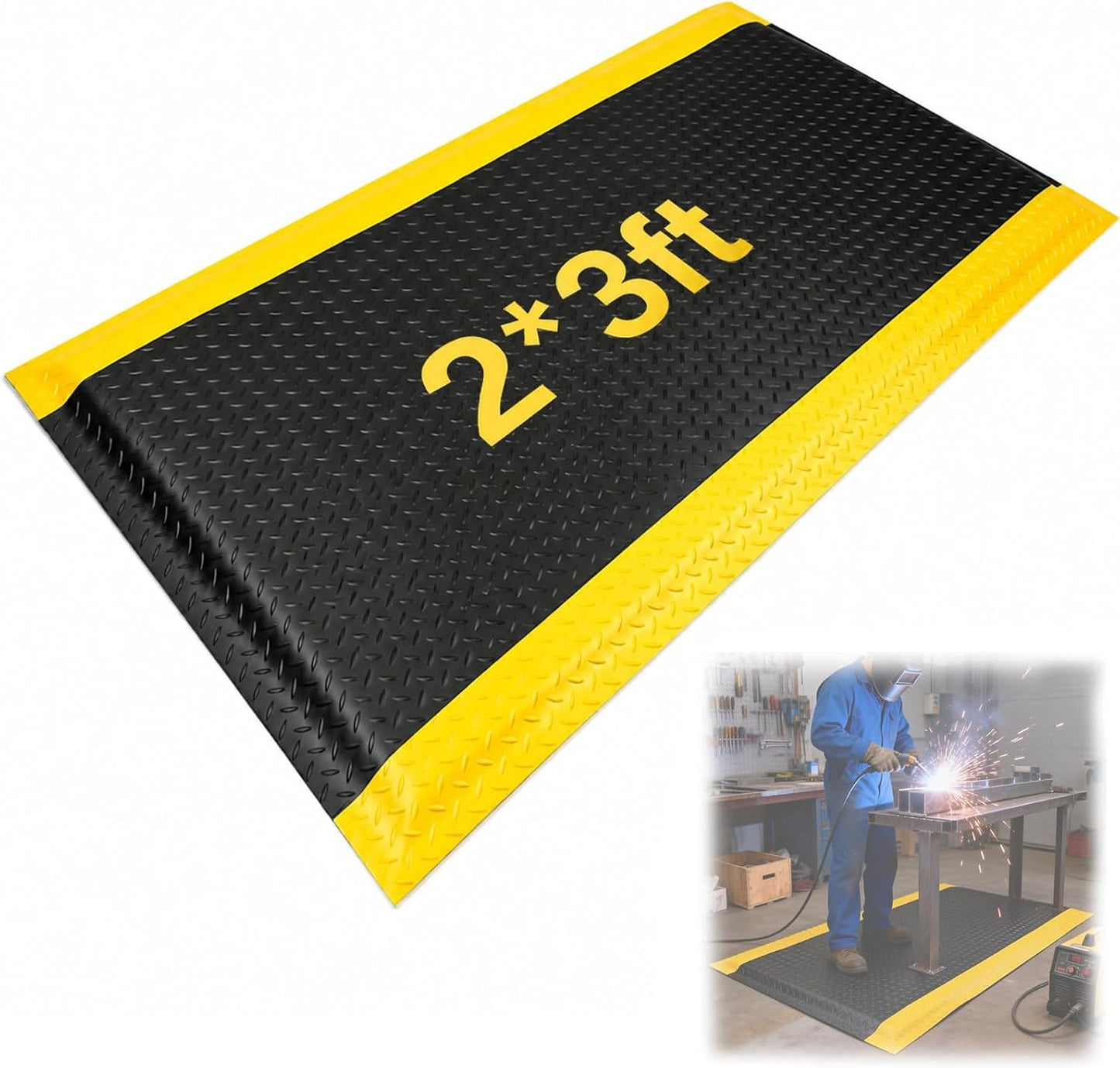 Maeklon Anti Fatigue Mat, 15/16 Inch Thick Soft Sponge Ergonomic Mat, Non-Slip Industrial Grade Floor Mat, Easy to Clean, for Kitchen, Garage, Work, Shop, Black with Yellow Border