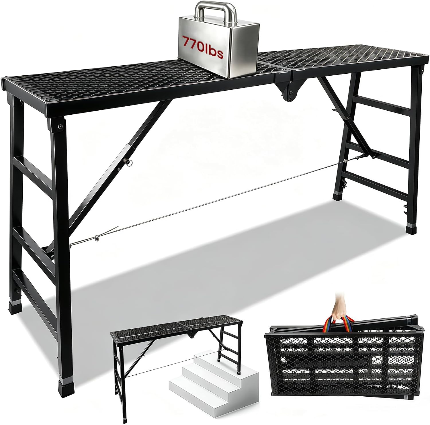 Foldable Scaffolding Platform, 36.2-62 in Portable Work Platform, Black , Heavy Duty Steel 70.8 x 15.2 in Portable Work Platform for Painting, Wiring, Window Cleaning, Garage and Construction