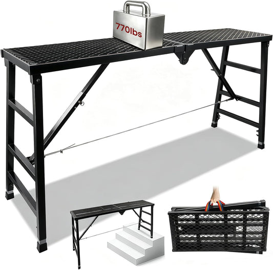 Foldable Scaffolding Platform, 36.2-62 in Portable Work Platform, Black , Heavy Duty Steel 70.8 x 15.2 in Portable Work Platform for Painting, Wiring, Window Cleaning, Garage and Construction