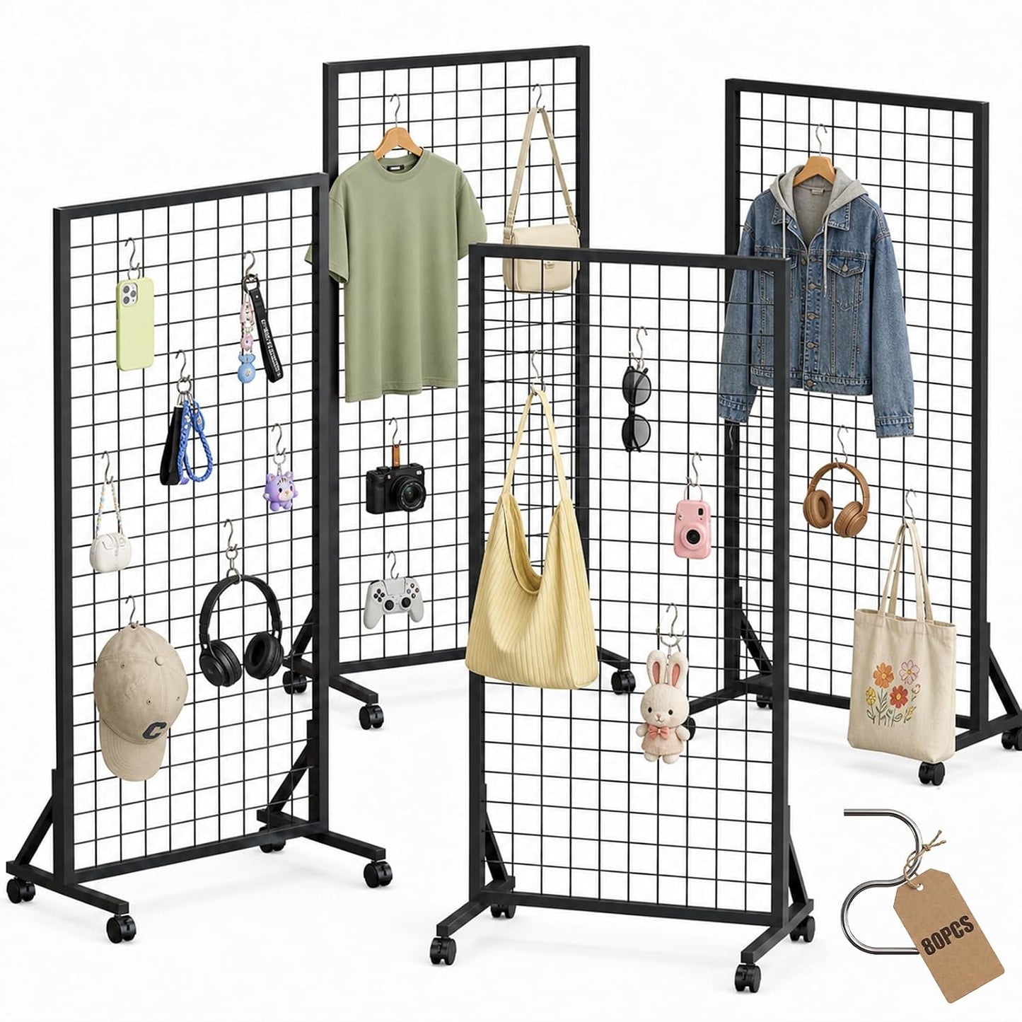 4 Pack Grid Wall Panel Rack, 2x6 Ft Metal Gridwall Display Stand with T-Base Wheels | Heavy-Duty Mobile Freestanding Racks with 80 Hooks, for Retail Store, Craft Show, Boutique, Black