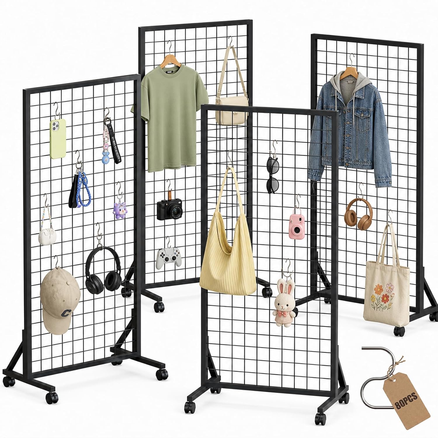 4 Pack Grid Wall Panel Rack, 2x6 Ft Metal Gridwall Display Stand with T-Base Wheels | Heavy-Duty Mobile Freestanding Racks with 80 Hooks, for Retail Store, Craft Show, Boutique, Black