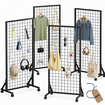 4 Pack Grid Wall Panel Rack, 2x6 Ft Metal Gridwall Display Stand with T-Base Wheels | Heavy-Duty Mobile Freestanding Racks with 80 Hooks, for Retail Store, Craft Show, Boutique, Black