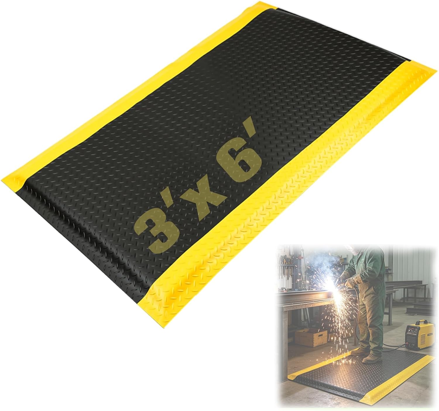 Maeklon Anti Fatigue Mat, 15/16 Inch Thick Soft Sponge Ergonomic Mat, Non-Slip Industrial Grade Floor Mat, Easy to Clean, for Kitchen, Garage, Work, Shop, Black with Yellow Border