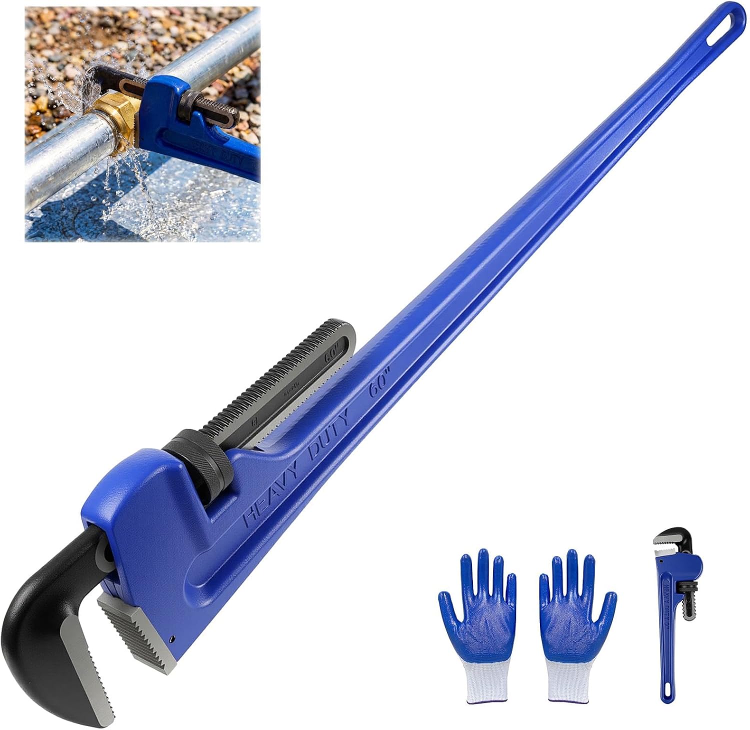 Maeklon 60 Inch Pipe Wrench, Jaw Opening Max 9", Adjustable Plumber Tool with Gloves and 8" Pipe Wrench, Carbon Steel Straight Handle Plumbing Wrench, for Mechanics, Plumbing, Construction, Blue