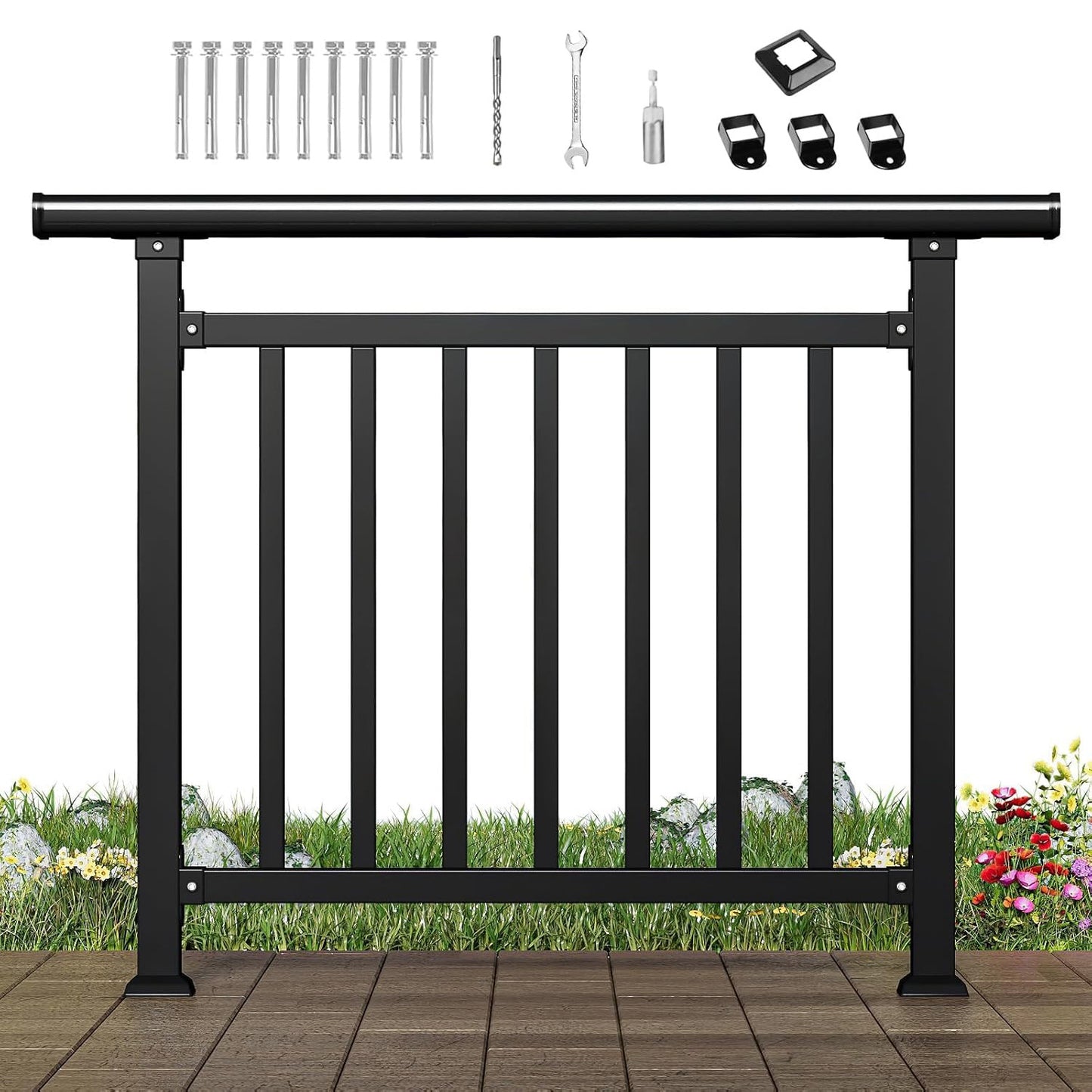 Maeklon Horizontal Deck Railing Kit, 40" H x 50" W Porch and Veranda Guardrail Kit, Heavy Wrought Iron Duty Deck Railing, Flat Railing Kit for Decks and Patios, Black