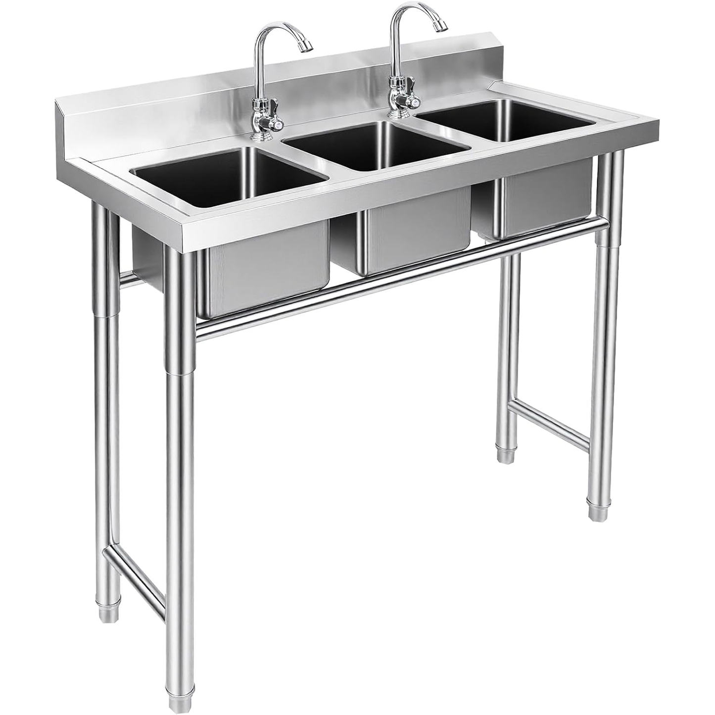 ‎Maeklon 3-Compartment Sink, 39'' x 18'' x 36'' Stainless Steel Utility Sink, Free Standing Three Bowl Kitchen Sink Set with 2 Faucets Hot & Cold Water Pipes for Food Truck, Bar, Restaurant
