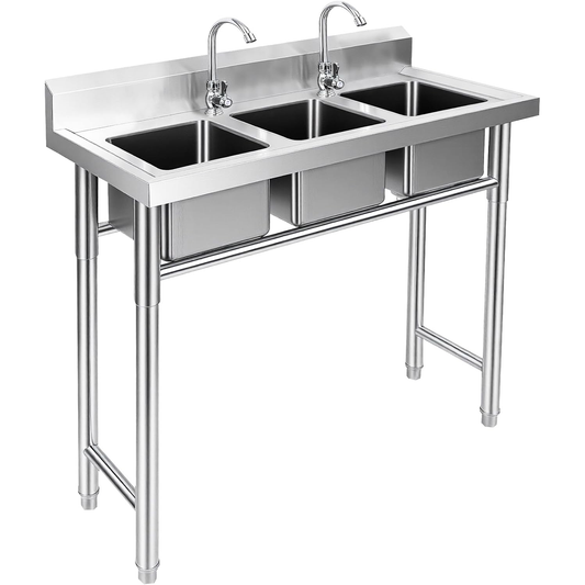‎Maeklon 3-Compartment Sink, 39'' x 18'' x 36'' Stainless Steel Utility Sink, Free Standing Three Bowl Kitchen Sink Set with 2 Faucets Hot & Cold Water Pipes for Food Truck, Bar, Restaurant